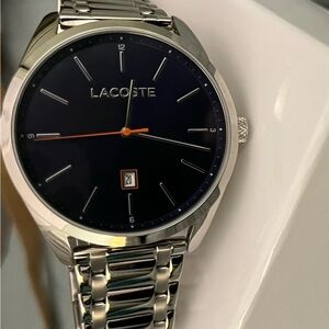 NEW Lacoste Black Dial Stainless Steel waterproof Watch with Orange Second Hand